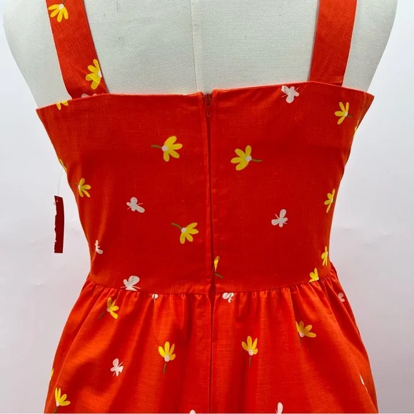 NEW Vintage 80s 18 Midi dress Orange Floral 0947 A-line fit and flare butterfly - Picture 10 of 14